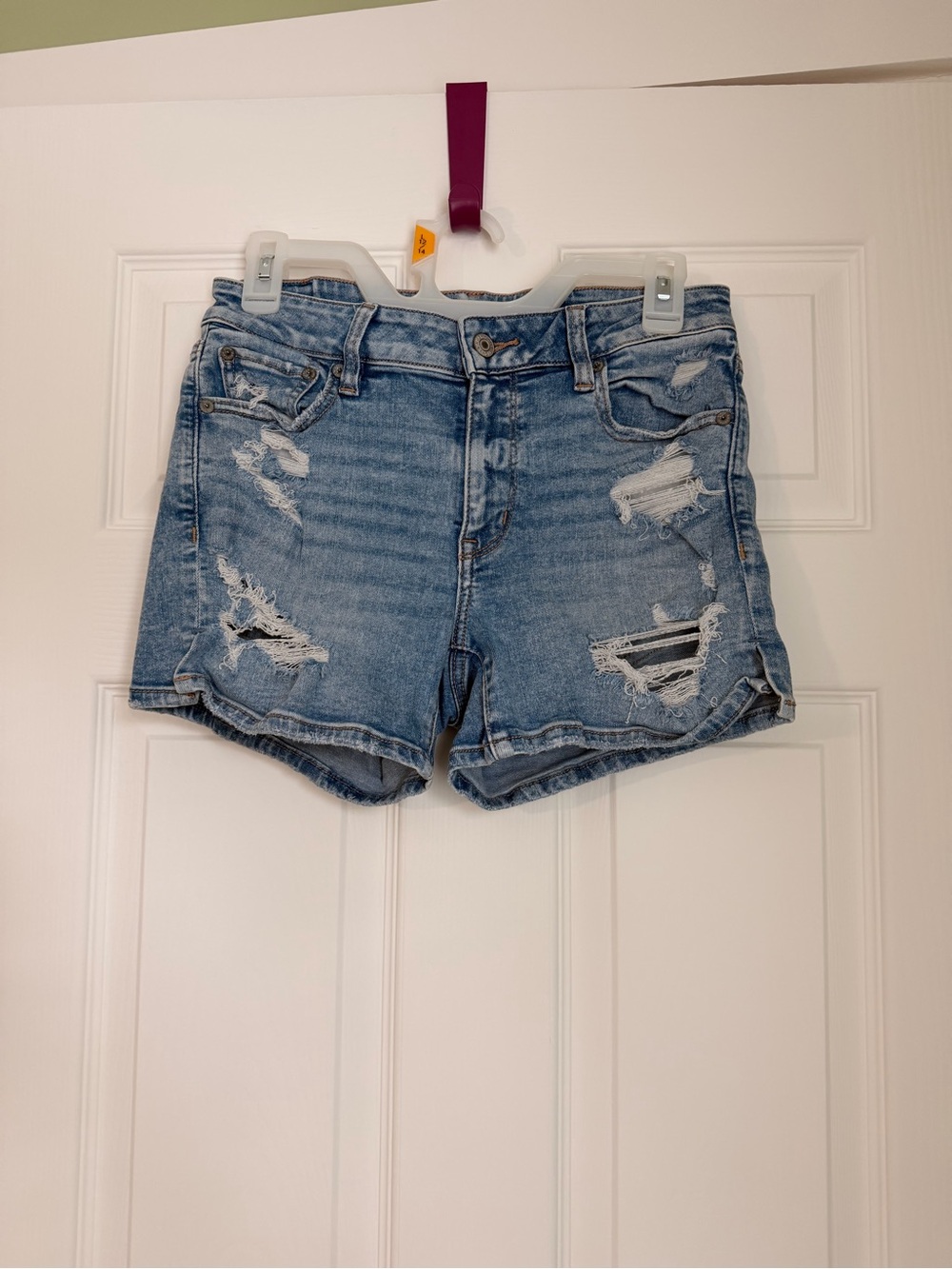 American Eagle Outfitters Women’s Light Blue Distressed Denim Midi Shorts